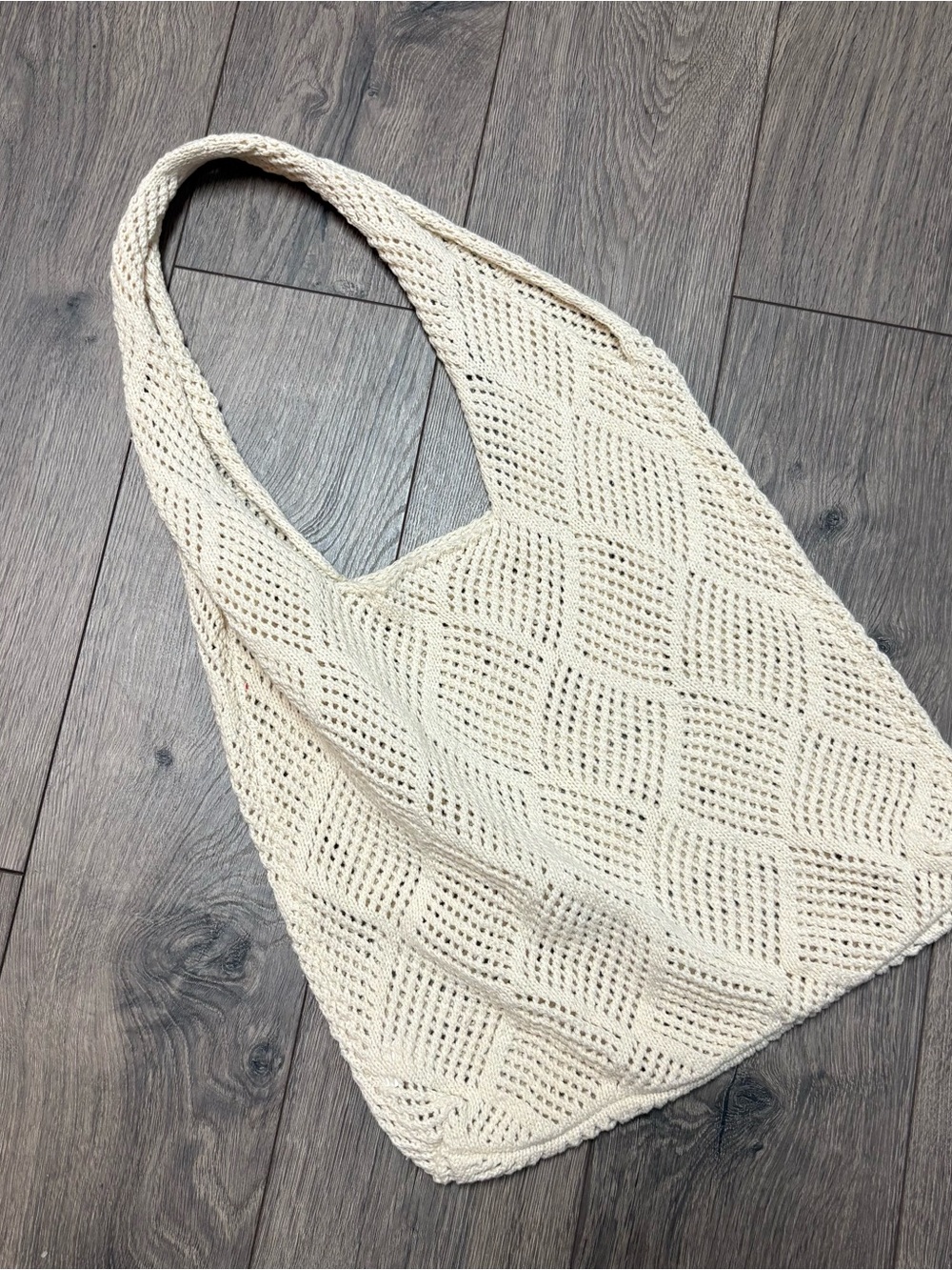 Source Unknown Cream Knitted Tote Bag - Diamond Open-Weave Shoulder Bag